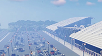 Screenshot aus dem Minecraft Videospiel mit aus Spielblöcken erbautem Flughafen-Parkplatz und parkenden Autos.