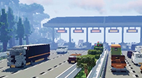 Screenshot aus dem Minecraft Videospiel mit aus Spielblöcken erbauter mehrspuriger Autobahn, fahrenden Autos und der Grenzstation im Hintergrund.