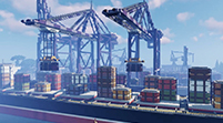 Screenshot aus dem Minecraft Videospiel mit aus Spielblöcken erbautem Hafen, Zoll-Booten und einem Frachtschiff, das mit Containern beladen wird.