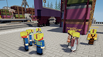 Screenshot aus dem Minecraft Videospiel, der einen Ausschnitt von einem aus Spielblöcken erstellten Hafen zeigt. Vor Schiffscontainern steht eine Gruppe von Zöllnern und Hafenarbeitern. Im Hintergrund sind Kräne und gestapelte Schiffscontainer zu sehen.