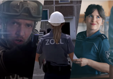 3 Standbilder aus Videos mit 3 Zöllnern. Ein Mann in Kleidung der Zoll Spezialeinheit ZUZ, eine Zöllnerin mit Schutzhelm und eine Zöllnerin in Uniform.